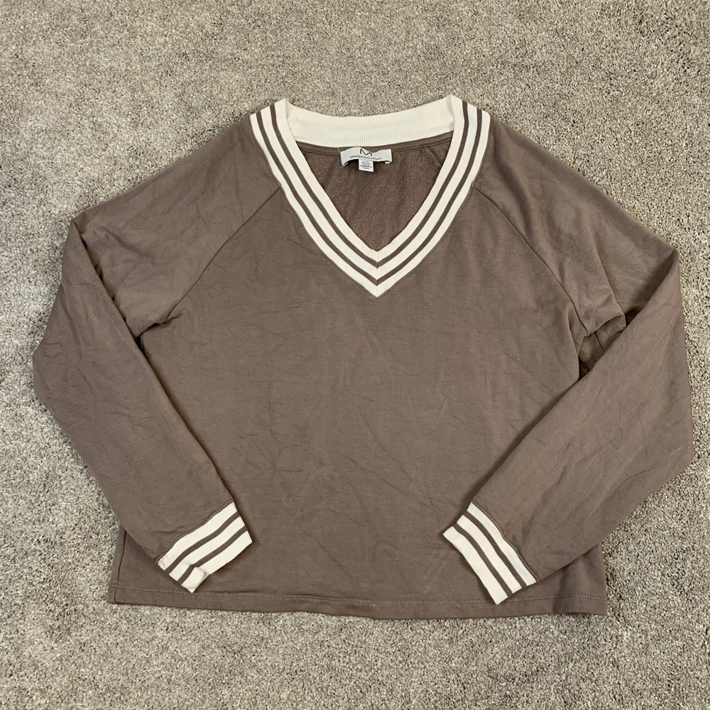 MAGASCHONI Women's V-neck Sweatshirt Modal Blend Soft Preppy Striped LARGE